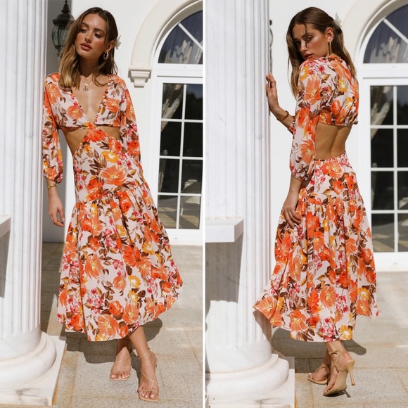 Hello Molly Midi Dress Size S Don't Stop Me Floral Orange Cut Out Long Sleeve - Picture 2 of 10
